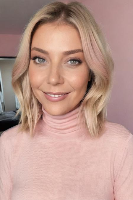 Portrait photo of lu1z4p0ss1 woman, pink turtleneck blouse, in a bedroom, detailed face smiling