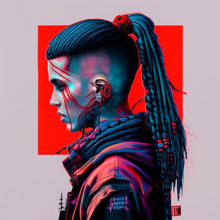 a digital photograph of a man with blue hair and piercings on his head and a black background with a red and blue background, art by flonixsdviewv3