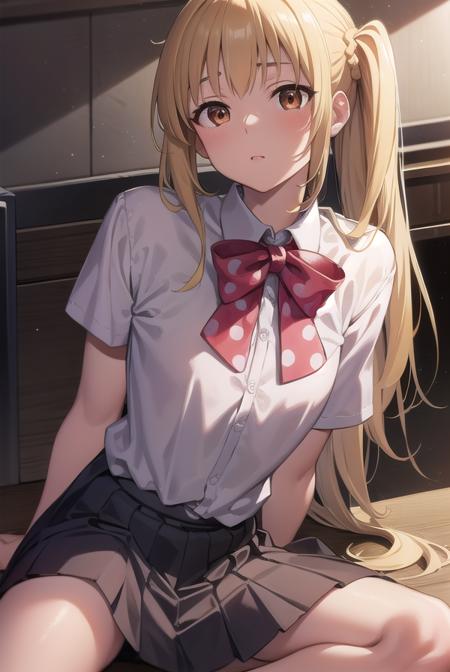 nijikaijichi, <lora:nijikaijichitest:1>, nijika ijichi, ahoge, blonde hair, (brown eyes:1.5), long hair, one side up, (flat chest:1.2),
BREAK black skirt, bow, bowtie, collared shirt, pleated skirt, polka dot, polka dot bow, red bow, red bowtie, red footwear, shirt, shoes, short sleeves, skirt, socks, white shirt, white socks,
BREAK looking at viewer,
BREAK indoors, classroom,
BREAK <lora:GoodHands-vanilla:1>, (masterpiece:1.2), best quality, high resolution, unity 8k wallpaper, (illustration:0.8), (beautiful detailed eyes:1.6), extremely detailed face, perfect lighting, extremely detailed CG, (perfect hands, perfect anatomy),