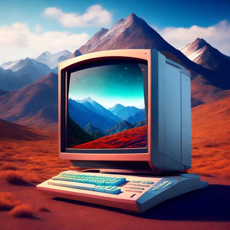 (alientv style:1) an old computer with a mountain in the background <lora:djzAlienTV-V21_LoraBooth:1>