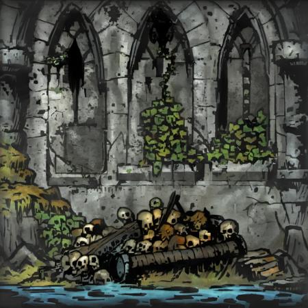 impressionistic painting by John Longstaff, DarkestDungeon, DDAreaRuins, best videogame textures, albedo texture map, (plaster wall, filthy wall, brown stains, white semitransparent curtains), concrete trim at the bottom of the wall, graffiti on the wall, ivy on the wall, (pile of skulls, shovel leaning against the wall, (metal drainpipes, metal drain cut into the concrete)), wood barrels, masterpiece, best quality, 8k