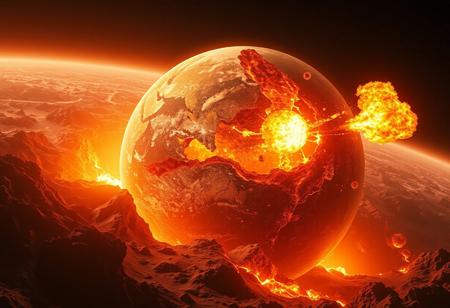piercing light, (aesthetics:1.1), (low colors:1.2), BREAK, <lora:-_SDXL_-_holo_effect_V1.0:1>, A futuristic epic disaster scene of Earth sinking into another planet made of translucent materials, and its internal structure is clearly visible, including magma spills and light-emitting explosions. its precise construction and possible geostructure. High tech and futuristic holographic planet body scan, bioluminescence, fiber optics, masterpieces, octane rendering, unreal engine, , intricate details, UHDR, 32K