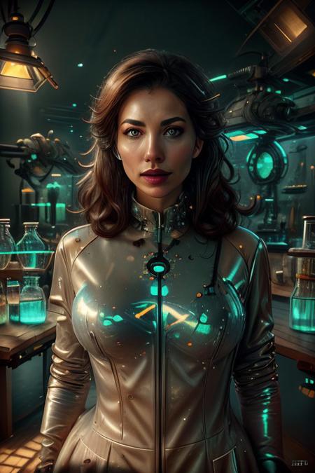 Laboratory, table, wendy, camillia, , jennadds, sexy female cyborg, mature lady, lab coat, evocham, labcoat, BREAK, unreal engine, elegant, epic composition, art nouveau colorful coat, latex coat, eyesgen, perfect eyes, beautiful eyes, big iris, big pupils, Older woman, brunette, breasts, massive breasts, cleavage.