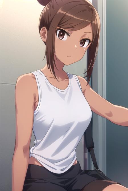 ayaka uehara, brown hair, hair ornament, (brown eyes:1.5), hairclip, dark skin, hair bun, dark-skinned female, single hair bun, skirt, shirt, bow, school uniform, white shirt, short sleeves, collared shirt, bowtie, red bow, red bowtie, shirt, white shirt, shoes, shorts, sleeveless, black footwear, sleeveless shirt, black shorts, tank top, sneakers,