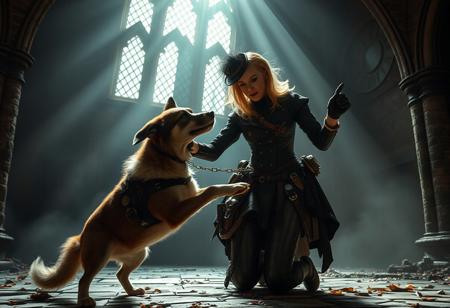 A photo of a steampunk woman with huge brests playing wit a dog in a gothic castle, ray of light
