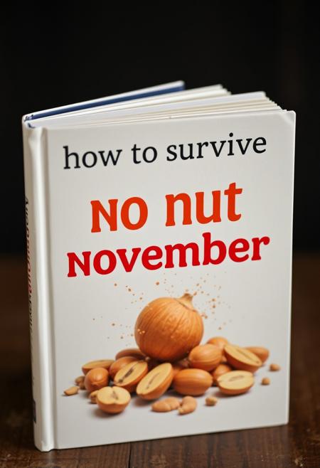 a funny book with the cover 'how to survive no nut november' the cover of the book has a comedic image of nuts being smashed.