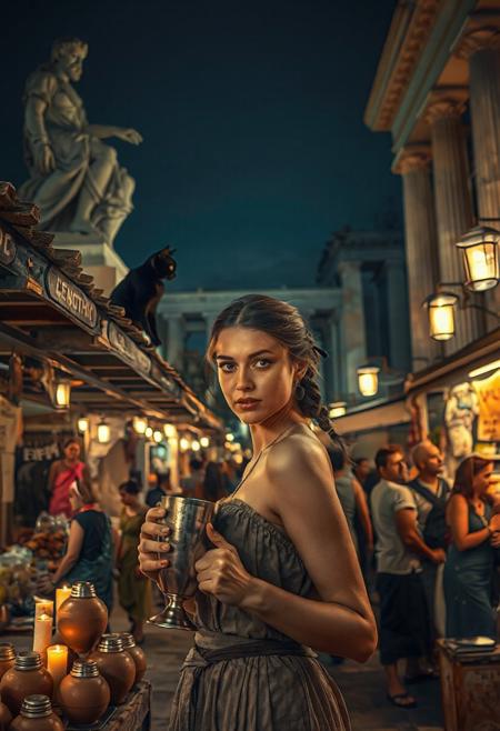 Setting is ancient Greek street market at night in Athens, ((all writing is in Greek )), ((all lighting is by candles, and flame torches,  the market is comprised of street vendors selling food, weapons, and clothing. People wearing Ancient Greek clothing are walking through the street market shopping and eating, A sleek black cat with red collar sits on a nearby wooden roof at a market kiosk. Behind the a kiosk counter are clay containers of Greek beer, (((a beautiful woman, 24 years old, is standing in the foreground facing the viewer with a metal goblet of beer in her hand. Her eyes are beautiful and focused on the viewer, she has an expression of interested curiosity))), the woman is dressed in Ancient Greek style clothing combining a sexy and classic Ancient Greek aesthetic. Enormous Ancient Greek statues and temples are visible in the background and around the scene and smaller statues and Ancient Greek architecture is prevalent in the market, The woman's hair is elegantly tied up with a ribbon. Artistic Ancient Greek aesthetic, dynamic perspective, (((overall architectural aesthetic is Ancient Greek ))).  Epic image that elicits a feeling of wonder and awe,