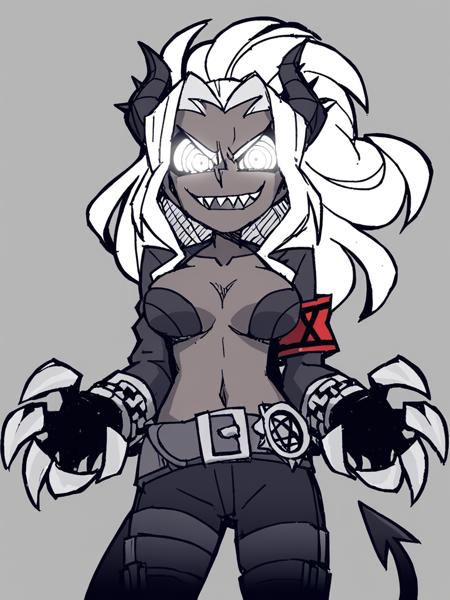 <lora:xl_Helltaker2:1>,Helltaker style,1girl,horns,breasts,transparent background,tail,white eyes,chain,solo,white hair,demon girl,demon tail,belt,smile,navel,dark-skinned female,dark skin,long hair,grey skin,colored skin,teeth,black jacket,grin,jacket,black horns,glowing,looking at viewer,cleavage,demon horns,armband,glowing eyes,black pants,large breasts,sharp teeth,medium breasts,collarbone,evil smile,v-shaped eyebrows,bangs,cowboy shot,claws,stomach,, masterpiece, best quality,