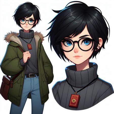 a beautiful girl of 20 years old with short black hair black-rimmed glasses jeans a sweatshirt and a green winter jacket