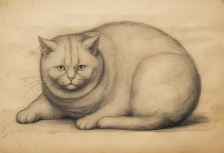 Long lost Leonardo da Vinci drawing of a chubby cat, bleached paper, very old 15th century drawing