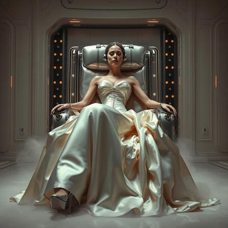 A slender, arrogant  rich norvegian bride, reclined in a polished steel restraint chair, dressed in a luxurious, rich fantasy satin wedding gown with a fitted, boned corset accentuating her ultra-thin waist.and a full, flared skirt, paired with satin high heels, orgasm face. The massive electrodes holding her head pressed to the steel restraint chair headrest,  cabled to a  futuristic superconputer rack. Her hands and ankles are bound to the steel restraint chair   by massive steel restraints,   weird fog from the floor. The scene is set in a sterile, empty chamber, with a glossy mother-of-pearl finish, evoking a sense of futuristic dread. Inspired by the cinematic styles of Ridley Scott, Guillermo del Toro, and H.R. Giger, with a blend of sci-fi and horror elements, this full-body portrait is a masterpiece of cinematic storytelling, shot on a virtual v-raptor XL camera, with a warm, film-grained aesthetic, subtle vignette, and rich color grading, reminiscent of 35mm film, with dramatic, atmospheric lighting, inviting the viewer to immerse themselves in this epic, stunning scene.