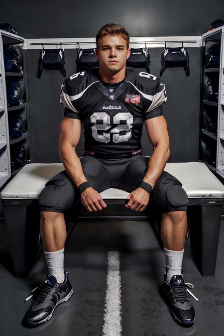 in an American football locker room, (sitting on a bench), legs spread open, muscular CFConnor, American football player wearing American football uniform, American football shoulder pads, (dark gray jersey:1.4), jersey number 29, (dark gray football pants and pads:1.4), (white socks:1.2), (sneakers:1.2), (((full body portrait))), wide angle  <lora:CFConnor:0.8>