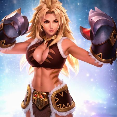 <lora:MashaMobileLegendsLora:1>  fit muscular woman, blonde long spiky hair, brown marking on cheek, brown revealing tank top, golden and black gloves with fur cuffs and silver metallic claws, golden necklace,beautiful girl, high detail skin, high detail eyes, high detail hair, toned body,  skimpy,5 finger, highres, ultra detailed:1, 4k, high quality, ultra realistic, sharpen image, full body, hotporn, award winning photography, Professional Photo, full body shot, detailed eyes, Highly detailed, fine details, intricate, sharpen picture, colorfull picture,vivid colors, small breasts:1.2, highres, ultra detailed:1.3, 4k, high quality, ultra realistic, sharpen image, extremely detailed CG unity 8k wallpape, hdr, extremely intricate, High Detail:1, Sharp focus, soft cinematic light, looking at viewer, detailed pupils, cute smile, 4k textures, soft cinematic light, cinematic look, insane details, hyperdetailed, Highly detailed,