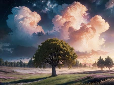 (Extremely Detailed Oil Painting:1.2), sky,tree,cloud,scenery,outdoors,grass,sunset,star \(sky\),flower,starry sky,cloudy sky,no humans,twilight,nature,wind,masterpiece,best quality,very aesthetic,absurdres <lora:StarryMountainWildernessV1.0:0.7>, glow effects, godrays, Hand drawn, render, 8k, octane render, cinema 4d, blender, dark, atmospheric 4k ultra detailed, cinematic sensual, Sharp focus, humorous illustration, big depth of field, Masterpiece, colors, 3d octane render, 4k, concept art, trending on artstation, hyperrealistic, Vivid colors, extremely detailed CG unity 8k wallpaper, trending on ArtStation, trending on CGSociety, Intricate, High Detail, dramatic