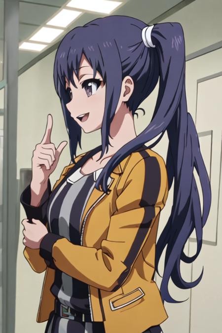 best quality, masterpiece, highres, solo, {imai_midori_shirobako:1.15}, long_hair, blue_hair, side_ponytail, 1girl, indoors, profile, sidelocks, upper_body, jacket, own_hands_together, smile, open_mouth