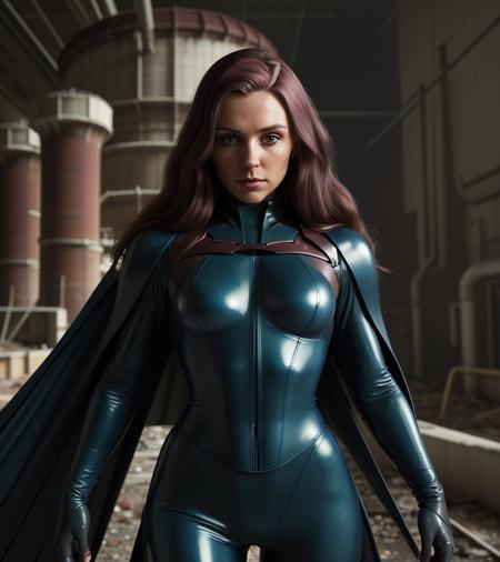 <lora:d0mpc_03SD-000008:0.9>, a (medium shot) photograph of (beautiful 23 year old) (d0mpc woman:1.2) as a emperess titania (super villain:1.2),from the (future:1.2),at an (abandoned nuclear power station:1.2),(fit and muscular:1.2),wearing a (dark maroon latex hero outfit:1.2) with (indigo carbon fiber flak jacket and cape:1.2),long white hair fountain, cosplay costume,(hero view angle),(dramatic action pose), cinematic photograph, photorealism, realistic lighting,(bokeh),realistic shadows,masterpiece,Award-winning, 8K wallpaper,Hyperrealistic, intricate detailed, subsurface scattering, rule of thirds, detailed pupils, 35mm photograph, detailed skin texture, subsurface scattering