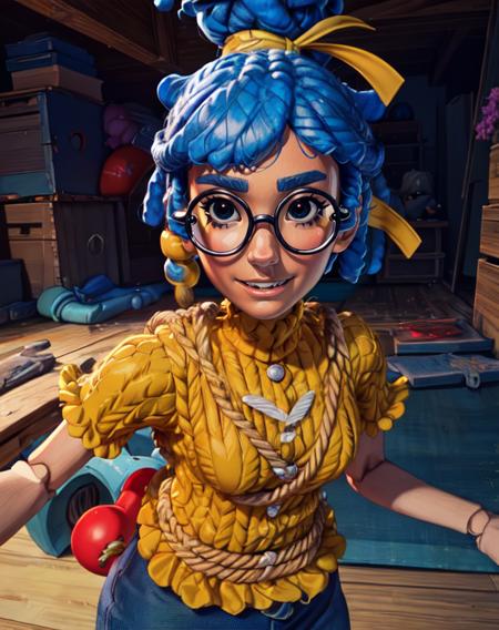 May, blue hair,dreadlocks, hair bun, black eyes, glasses, wooden joints,
  standing, upper body, smiling,  solo,  
yellow shirt,  blue pants with stiches, yellow hair ribbon, short sleeves, large blue button on shirt, 
large toy room,  toy body size, 
 (insanely detailed, beautiful detailed face, masterpiece, best quality) solo, 
 <lora:May-10v6:0.7>