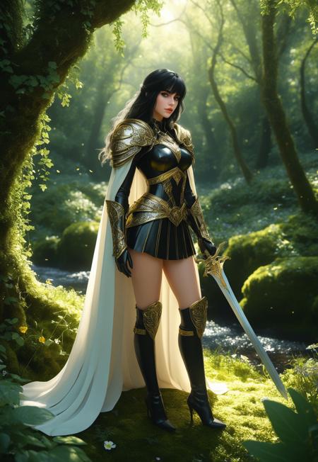 safe_pos, score_7_up, 1girl, beautiful, black hair, long hair, bangs, fair skin, big natural breasts, lips parted, black armor, full armor, gold details, sword, forest, dappled sunlight, full body, looking at viewer, high heels, white cape, Expressiveh, beautiful face, black lipstick, gold eye shadow, beautiful eyes, gold jewelry
Background: A lush, enchanted forest with towering ancient trees and vibrant foliage. Dappled sunlight filters through the canopy, casting soft, golden rays. The forest floor is covered in a carpet of moss and wildflowers. A crystal-clear stream flows nearby, reflecting the sunlight. In the distance, a mystical stone archway, overgrown with ivy, adds a touch of magic. The air is filled with the scent of blooming flowers and the soft hum of nature. (upper body:2.85)
 (8k uhd:1,4)
 <lora:add-detail-xl:1>
 <lora:Dynamic Poses:1>
((((full-clothed)))),
score_9, score_8_up, score_7_up, score_6_up, rating_explicit, Expressiveh,
<lora:DandonFuga_Style_v.2_-_Pony:0.8>
<lora:Expressive_H:0.4>,<lora:EnvyPonySoftBeauty01:0.4>, <lora:detailed_notrigger:2>