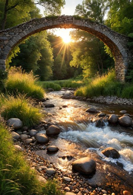 highly detailed, photo-realistic, digital photo depicting a warm summer landscape. The scene features a turbulent stream flowing through woodlands, with the water sparkling as it rushes over bright pebbles. On either side of the river the trees leafy branches arch overhead with long summer grasses adorning the banks, under the warm light of a perfect sunset. The composition is balanced, with the river leading the viewer's eye into distant hills. Sharp focus