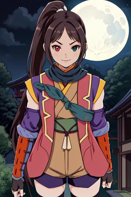 Akane,brown hair,heterochromia,ponytail,side ponytail,
Yagyu,toeless legwear,thighhighs,armor,fingerless gloves,shorts,scarf,sandals,kote,
standing,  smile,  upper body,  face focus, 
Japanese building,nighttime,moon,Sengoku period,
(insanely detailed, beautiful detailed face, masterpiece, best quality)  <lora:AkaneYagyu:0.7>,