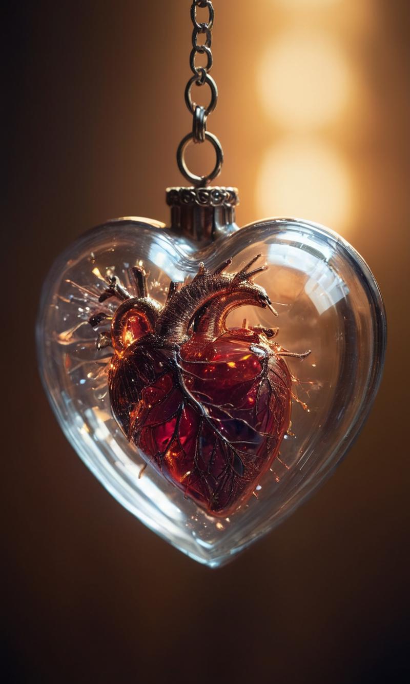 A glass heart with a metal chain hanging from it, featuring a heart inside the heart.