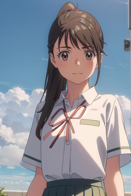 suzumeiwato, <lora:suzume iwato movie-lora-nochekaiser:1>,
suzume iwato, long hair, black hair, hair ornament, (brown eyes:1.5), hairclip, ponytail, smile,
BREAK skirt, shirt, ribbon, school uniform, white shirt, red ribbon, green skirt, long skirt,
BREAK outdoors, sky, day, cloud, sun,
BREAK looking at viewer, (cowboy shot:1.5),
BREAK <lyco:GoodHands-beta2:1>, (masterpiece:1.2), best quality, high resolution, unity 8k wallpaper, (illustration:0.8), (beautiful detailed eyes:1.6), extremely detailed face, perfect lighting, extremely detailed CG, (perfect hands, perfect anatomy),