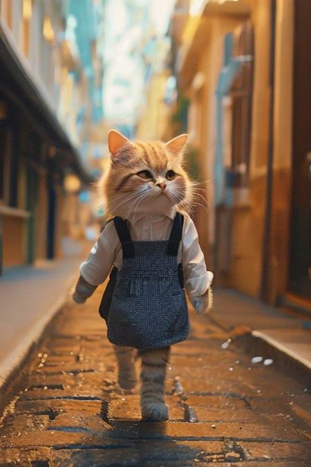 a woman's head, on a cat's body, running down a street, with a plane on her back