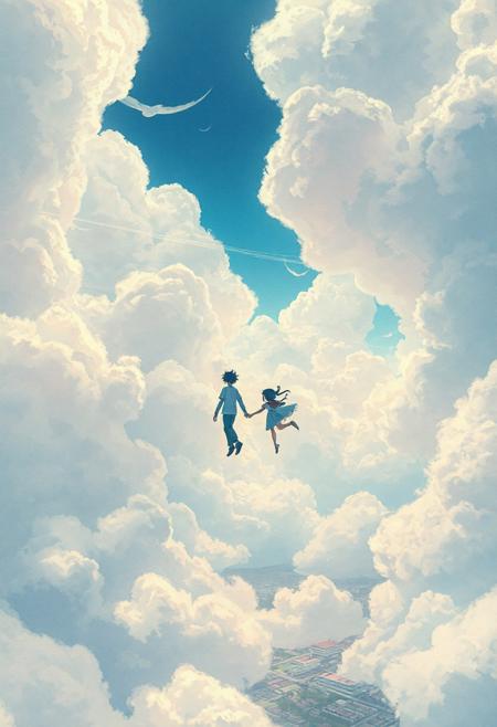 Vast anime-style sky with a massive textured cloud cover stretching across the entire scene, intricate structural cloud formations with detailed bumps and organic folds, scattered open gaps revealing patches of bright blue sky, cinematic view over a peaceful cityscape below, soft sunlight streaming through cloud breaks, pastel color palette (baby blue, soft white, light pink), highly detailed Ghibli-inspired artwork, hyper-realistic watercolor texture, dreamy and emotional atmosphere, 4K ultra-high resolution, only two anime silhouettes of a young man and a young woman gently falling side by side through the sky—their bodies angled gracefully as they descend through soft, fluffy clouds, the sole figures in the scene, in a serene, emotional moment inspired by Your Name, with rich color gradients and no other characters or objects present