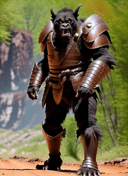 a detailed (full body) (from distance:1.2) photography of Trolloc (from side:1.3) with furious face, (golden plate armor, rusted, torn, cracks, scratches:1.1), (thigh gap:1.1), grey-black body. in forest. short fur, bloodied, medieval, detailed

 <lora:WoTrolloc:0.9>