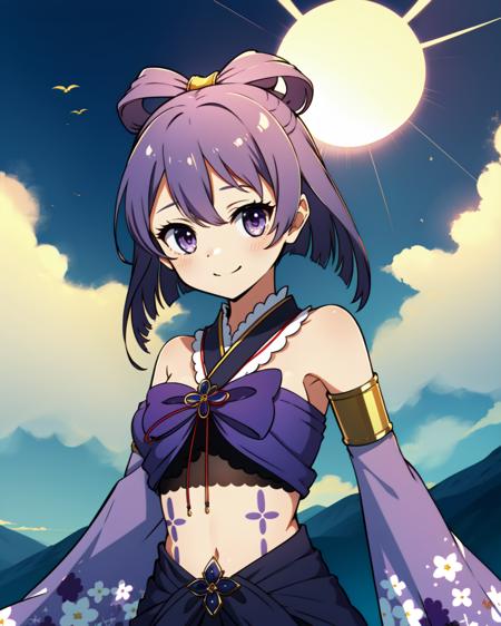 masterpiece, high quality, 1girl, mgrcaikahimena, (dynamic shot), medium shot, upper body, purple hair, purple eyes, bow-shaped hair, floral print, red and yellow bowtie, yellow hairpin, purple crop top, long detached sleeves, golden rings on shoulders, purple with white frilled skirt, purple gem on belt, light smile, outdoors, mountain, evening, sunglare, sky, <lora:mgrcaikahimena-000006:0.75>