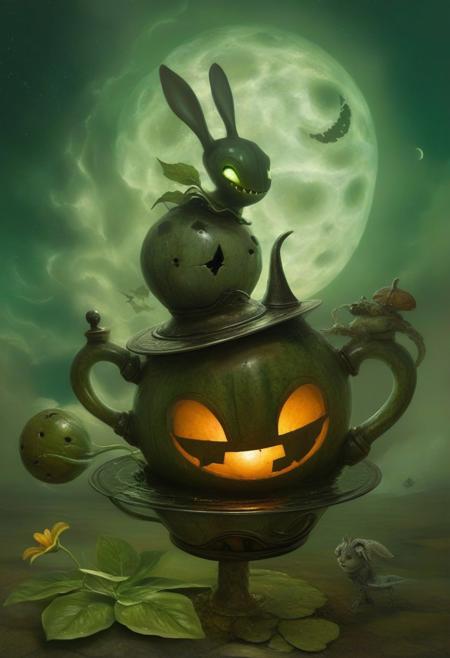 A clockwork meadow where rabbits with mechanical gears instead of bones hop between flowers blooming into tiny tornadoes. Overhead, a sentient moon shaped like a grinning jack-o’-lantern casts green light on a teapot that floats mid-air, pouring rivers of liquid stardust into a pond of liquid mirrors.
surreal00d