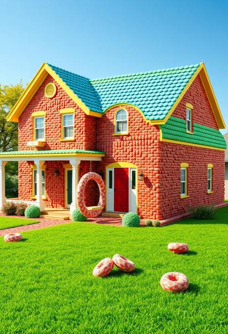 "Create a photorealistic image of a suburban house constructed entirely from Froot Loops cereal. The house should be a two-story, colonial-style residence with a gambrel roof and a wraparound porch. The Froot Loops should be meticulously arranged to resemble traditional building materials, with red loops forming the bricks, orange loops creating a warm, sun-kissed stucco effect on the exterior, and yellow loops used to create a bright, sunny trim. The loops should be densely packed, with no gaps or visible mortar, and should appear to be held together by an invisible force. The roof should be a gradient of blue and green loops, evoking a sense of a lush, vibrant landscape. The porch should feature a swing made from a giant, curved Froot Loop, and the front door should be an oversized, gleaming red loop with a shiny, metallic finish. The surrounding lawn should be a vibrant, electric green, with a few strategically placed Froot Loop 'rocks' and 'pebbles' scattered about. The image should be bathed in warm, golden light, with a few puffy white clouds drifting lazily across the sky. The overall effect should be one of whimsical wonder and hyper-realistic detail." highest-Quality, 8 k, intricate details, visually stunning, Masterpiece
