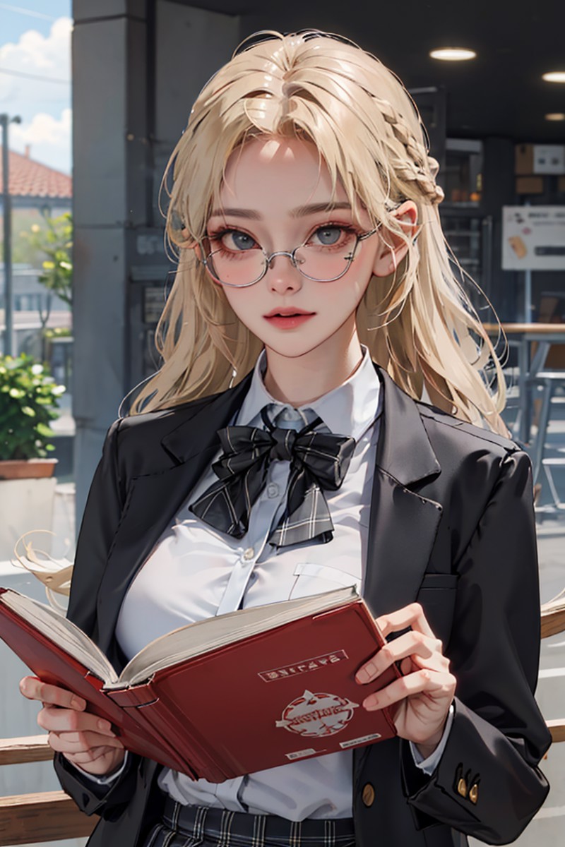 <lora:koreanPonytailLora_v10:1:F>, kr-pny, twin braids,   parted bangs, 1girl, school uniform, dark grey open jacket, dark...
