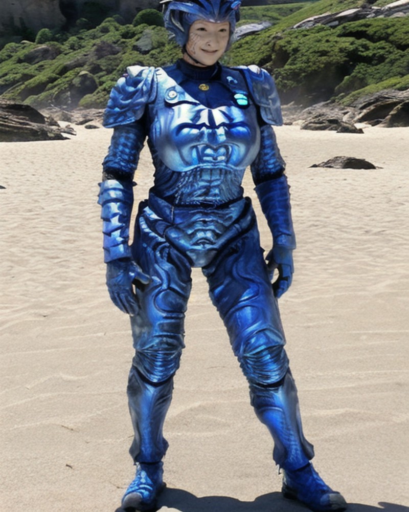 <lora:hirogen_lora:0.8> hirogen, female, alien woman, leathery bumpy skin, wearing eyeshadow, blue metal sci-fi armor suit...
