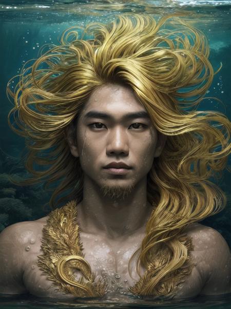 [ (art by Thomas Hawker:1.0) | (art by Stasia Burrington:1.3) ], Scratchboard of a lush nature, Underwater Filipino God, Gold hair, Unattractive Layered hairstyle, Realistic, Low shutter