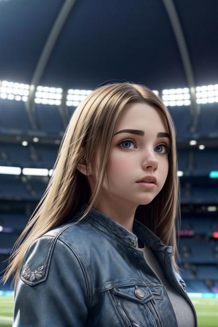 a photo of a beautiful S068_SophieXDT, standing in a stadium, wearing a (jacket), (8k, RAW photo, best quality, ultra high res, depth of field:1.2), (absurdres, intricate, photorealistic, masterpiece, ultra-detailed, Unreal Engine:1.3)