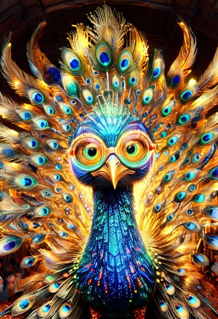 colorful LED lights, (photograph of a peacock with exaggeratedly large, (round glasses:1.2)) exquisite imaginative poster art, colorful LED lights embellishment, colorful LED lights, colorful LED lights, highly detailed fantasy art, exquisite digital illustration, great digital art with details, highly detailed digital painting, surrealistic digital artwork, 3d epic illustrations, peacock's iridescent blue and green (made of colorful LED lights) feathers are striking, with a fan of colors extending behind its head. The glasses have thick, golden rims and large lenses, giving the bird a whimsical, human-like appearance. The background is blurred with warm, made of colorful LED lights, earthy tones, highlighting the peacock. The image blends realism with playful fantasy, creating a humorous and eye-catching effect.
