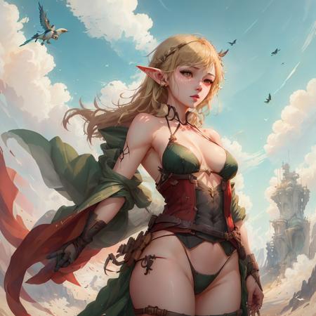 masterpiece, best quality,1girl,   <lora:unstabledreamX_v2:0.7>   a woman in a green dress standing in front of a sky with clouds and a bird flying overhead in the background, 1girl, bare_shoulders, blonde_hair, breasts, cleavage, collarbone, elf, eyelashes, green_eyes, halterneck, lips, looking_at_viewer, medium_breasts, parted_lips, pointy_ears, realistic, red_lips, short_hair, slingshot_swimsuit, solo, upper_body