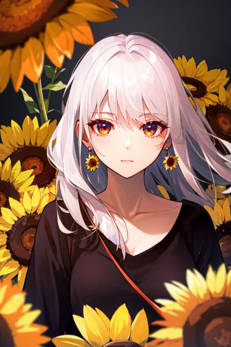 1girl, floating_hair, long_hair, white hair, flower, orange_flower, yellow_flower, solo, closed_eyes, head_wreath, yellow_rose, rose, off_shoulder, hair_flower, flower_wreath, upper_body, collarbone, sunflower, red_flower, pink_flower, parted_lips, white_flower, short_sleeves, shirt, bangs, blue_flower, jewelry, earrings, eyebrows_visible_through_hair <lora:style_shirabiiT0:1.0>