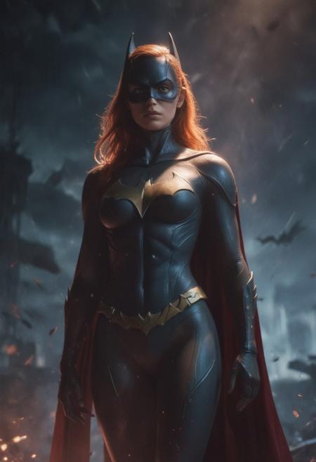 High resolution ultra-realistic of beautiful realistic Batgirl fighting against alien invasion, cinematic style, standing on a bloody and stormy battlefield in a fighting pose, bloody massacre, realistic modern combat costume, black mask, red cape, perfect athletic figure, wavy red hair, handsome dirty bloody face, beautiful perfect detailed pupils, wet oily shiny skin, covered in dirt and blood, beautiful firm Breasts, defiant and seductive, sexy 20 year old girl, 8k resolution concept art portrait by Greg Rutkowski, Dark Gotham City, realistic blue eyes, full body, Artgerm, WLOP, Alphonse Mucha, dynamic lighting, hyperdetailed, intricately detailed, Splash art trending on Artstation triadic colors, Unreal Engine, 5 volumetric lighting, Cinematic Lighting, intricate, smooth, sharp focus digital painting, Asymmetrical Balance, painting, dynamic lighting