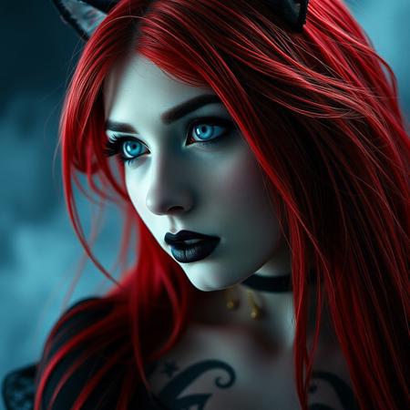 A 20-year-old woman with gothic makeup. Long silky neon red hair, big blue eyes with thin eyebrows, black lips, small upturned nose. She is the image of a seductive gothic succubus. She exudes a bewitching aura. Ultra-detailed facial details, innocent and playful, cat ears, soft light glowing, soft incandescent. Staring into the distance. Grey and blue tones, misty atmosphere. Sexy and seductive playful, sexy emo outfit, revealing breasts and some neck and chest tattoos. Her detailed face surrounded by disheveled hair radiates innocence and beauty. Cinematic composition, contrast of light and shadow, adorable bold and detailed face, realistic and fantastical woman, ((full body shot of an attractive woman, view from above, large breasts, deep cleavage, sideboob, very sexy)), Detailed facial texture, ultra-detailed eye and hair details, 8K+ high resolution photos are all showcased.