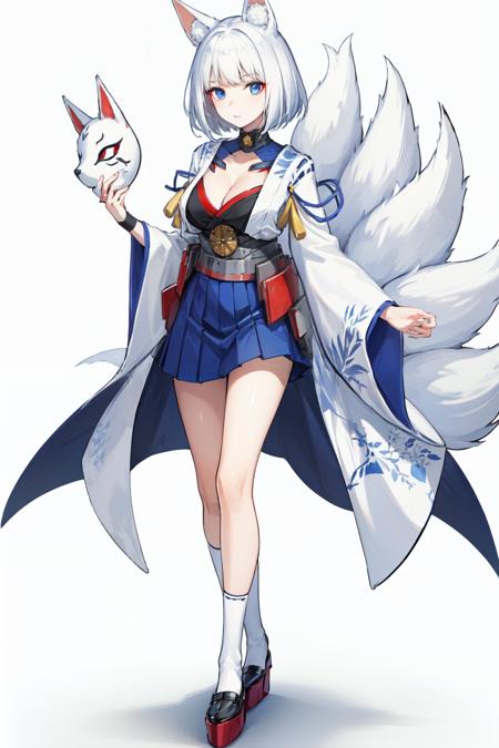 <lora:kaga-10:1>kaga(azur lane), 1girl, pleated skirt, socks, japanese clothes, simple background, hakama, animal ears, multiple tails, wide sleeves, white hair, blue eyes, solo, kimono, fox ears, holding mask, fox mask, tail, hakama skirt, cleavage, large breasts, fox tail, white kimono, full body, skirt, hakama short skirt, blue skirt, mask, holding, short hair, white background, looking at viewer