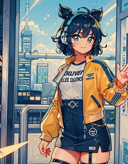 1girl, blue hair, double bun, short hair, headphones, skirt, jacket, shorts, soda, futuristic city, 
(detailed ladscape:1.2), (dynamic_angle:1.2), (dynamic_pose:1.2),
(masterpiece:1.2), (best quality, highest quality), (ultra detailed), (8k, 4k, intricate), (cowboy shot:1), (highly detailed:1.2),(detailed face:1),(gradients),(ambient light:1.3),(perfect_anatomy:1.2), cinematic composition,
 <lora:Bobotae_Style:0.75>