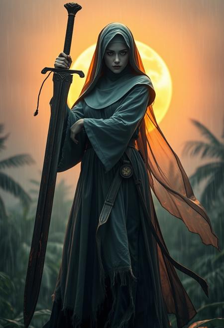 A powerful nun wielding a massive, old, and rusty sword resembling the iconic one from Final Fantasy. The scene is set during a tropical cyclone, rain and wind cause her translucent nun's habit to billow dramatically. The setting evokes a sense of mystique and tension. The nun stands tall, the rusted sword adding a gritty, ominous vibe. The sun's orange and gray hues blend into the sky as her tattered habit flutters. The atmosphere is cinematic, with hyper-realistic detail, soft shadows, and an intense, otherworldly mood in a rainstorm tropical jungle