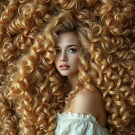 cute woman with extremely long blonde curls in a big pile of fluffy hair, in the style of surrealistic masterpieces, captivating documentary photos, dreamlike installations, national geographic photo, brown and bronze, renaissance-style, photo-realistic