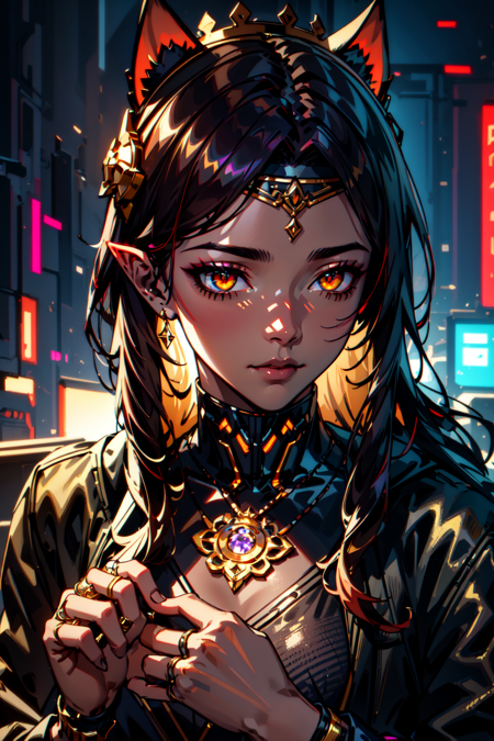 Dark Fantasy,(masterpiece, best quality, ultra-detailed, highres, best illustration),perfect face, ((solo, solo focus)),  (zentangle, mandala, tangle, entangle:0.6), rim lighting, sidelighting, lustrous skin,(bloom), cat ears, animal ears, (shine), ray tracing, 1 girl, jewelry, solo, {dark-skinned|dark skin|tan skin}, ring, orange eyes, necklace, looking at viewer, facial hair, glowing eyes, pointy ears, colored skin, glowing, upper body, multiple rings, auburn hair, short hair, gold chain, coin, beard, hand up, purple skin, crown, gold, headband, shirt, signature, closed mouth, holding,depth_of_field, city background,very detailed background,extreme light and shadow,(detailed eyes), (beautiful) beautiful detailed eyes, perfect lighting , perfect anatomy,(extremely detailed illustrated 8k wallpaper),(masterpiece), (best quality), (cyberpunk:1.5),(ultra-detailed), (extreme light and shadow, ultra sharp, detailed face, detailed eyes, detailed skin, skindentation)