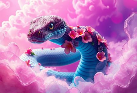 A majestic snake in a vibrant and surreal Flux art style. The snake is adorned with colorful flowers along its body, replacing scales with intricate blossoms. Its environment is ethereal, surrounded by vivid pink and purple hues, with abstract, dreamy clouds and flowing, cristal-like textures in the background. The snake's gaze is piercing yet serene, reflecting a mystical and magical aura.