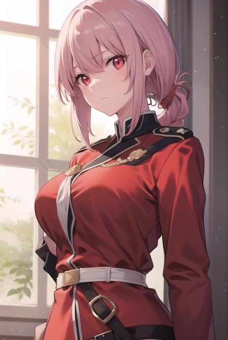 florencenightingale, <lyco:florencenightingale-lyco-nochekaiser:1>,
florence nightingale, pink hair, long hair, (red eyes:1.5), hair braid, sidelocks, folded ponytail, single braid, braid, braided ponytail,
BREAK military, military uniform, uniform, (red uniform:1.5),
BREAK looking at viewer,
BREAK indoors,
BREAK <lyco:GoodHands-beta2:1>, (masterpiece:1.2), best quality, high resolution, unity 8k wallpaper, (illustration:0.8), (beautiful detailed eyes:1.6), extremely detailed face, perfect lighting, extremely detailed CG, (perfect hands, perfect anatomy),