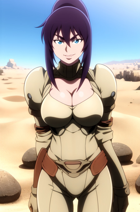 AsagiriJunko, purple hair, ponytail, sidelocks, blue eyes, lips, large breasts, thick eyebrows, sly smile, desert background, sand, rocks, beige armor, cleavage