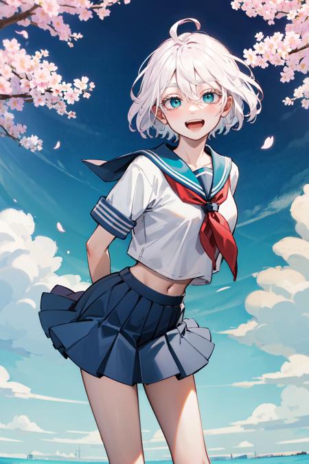 1girl, solo, short hair, white hair, floating hair, ahoge, hair between eyes, colored eyelashes, aqua eyes, high collar, black jacket, hooded jacket, zipper pull tab, long sleeves, sleeves past wrists, bare legs 1girl, solo, short hair, white hair, floating hair, ahoge, hair between eyes, colored eyelashes, aqua eyes, serafuku, sailor collar, red neckerchief, shirt, short sleeves, midriff, pleated skirt, blue skirt 1girl, solo, short hair, white hair, hair bun, hair between eyes, colored eyelashes, aqua eyes, cleavage, sarashi, bandages, black jacket, open clothes, long sleeves, midriff, belt, black pants